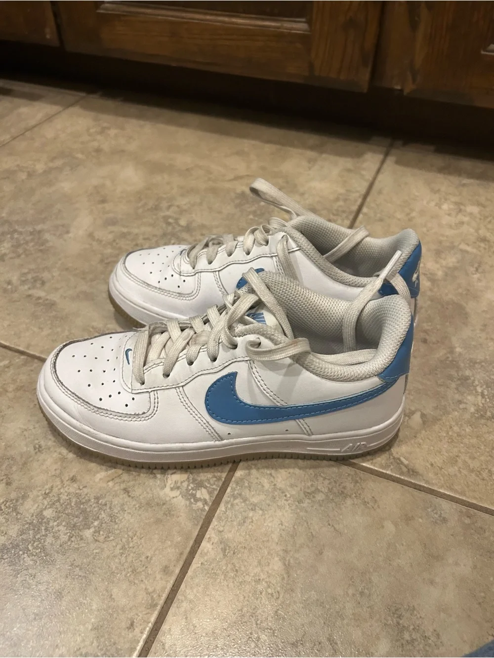 Nike Air Kids White Sneakers with Light Blue Swoosh